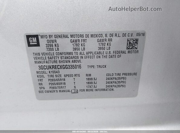 3GCUKRECXGG335016 2016 CHEVROLET SILVERADO Silver Engine compartment view