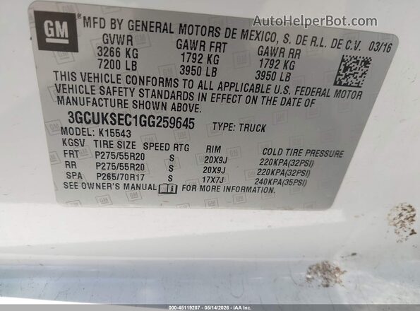 3GCUKSEC1GG259645 2016 CHEVROLET SILVERADO White Widok komory silnika