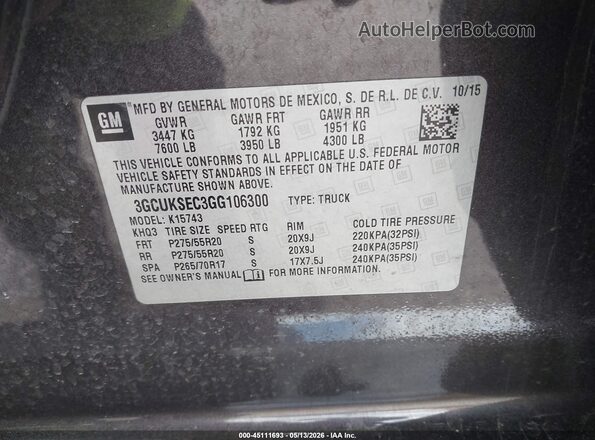 3GCUKSEC3GG106300 2016 CHEVROLET SILVERADO Серый 