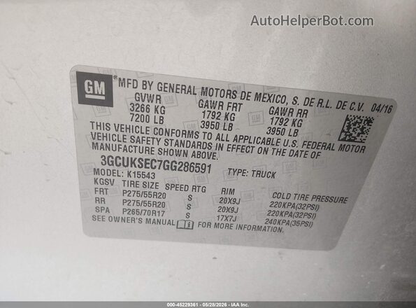 3GCUKSEC7GG286591 2016 CHEVROLET SILVERADO Silver Շարժիչի բաժամունքի տեսք