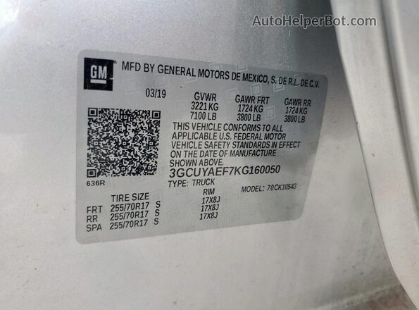 3GCUYAEF7KG160050 2019 CHEVROLET SILVERADO Silver ძრავის განყოფილების ხედი
