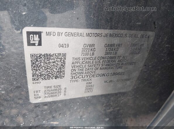3GCUYDED0KG189681 2019 CHEVROLET SILVERADO Gray Вид підкапотного простору
