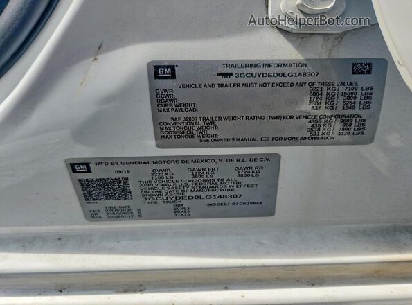 3GCUYDED0LG148307 2020 CHEVROLET SILVERADO White 