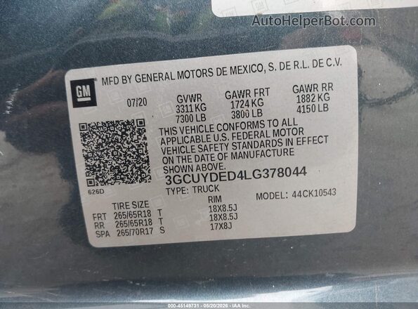 3GCUYDED4LG378044 2020 CHEVROLET SILVERADO Gray Vista del compartimento del motor