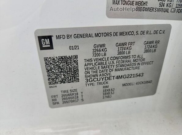 3GCUYDET4MG221543 2021 CHEVROLET SILVERADO White Շարժիչի բաժամունքի տեսք