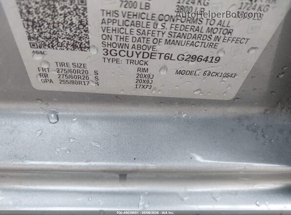 3GCUYDET6LG296419 2020 CHEVROLET SILVERADO Gray Вид підкапотного простору