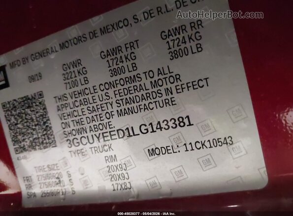 3GCUYEED1LG143381 2020 CHEVROLET SILVERADO Red ძრავის განყოფილების ხედი