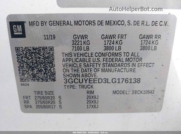 3GCUYEED3LG176138 2020 CHEVROLET SILVERADO White ძრავის განყოფილების ხედი