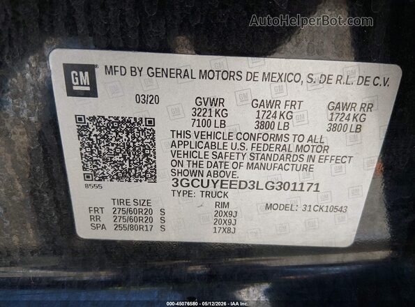 3GCUYEED3LG301171 2020 CHEVROLET SILVERADO Черный 