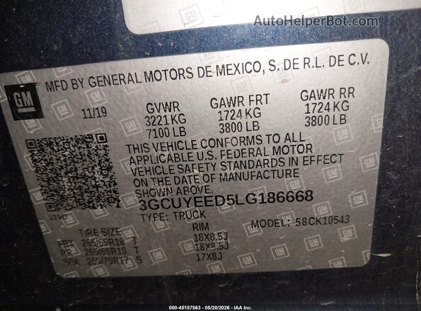 3GCUYEED5LG186668 2020 CHEVROLET SILVERADO Blue Շարժիչի բաժամունքի տեսք