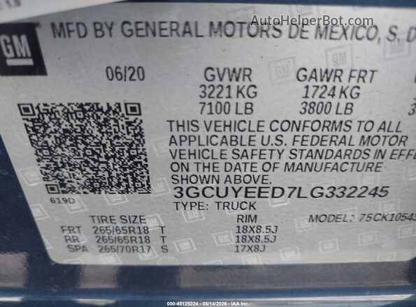 3GCUYEED7LG332245 2020 CHEVROLET SILVERADO Синий 