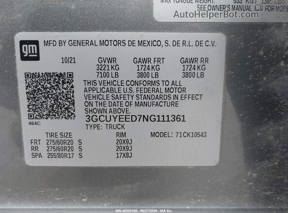 3GCUYEED7NG111361 2022 CHEVROLET SILVERADO Gray Вид підкапотного простору