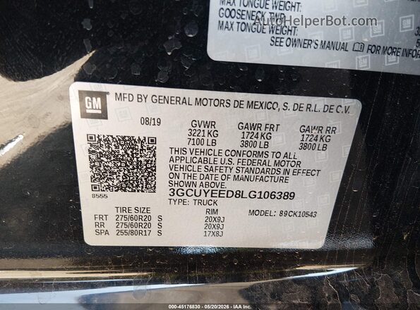 3GCUYEED8LG106389 2020 CHEVROLET SILVERADO Black 