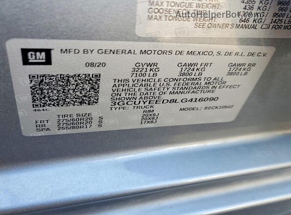 3GCUYEED8LG416090 2020 CHEVROLET SILVERADO Серебряный Вид наклейки с VIN-кодом
