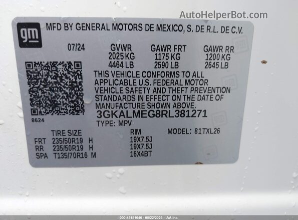 3GKALMEG8RL381271 2024 GMC TERRAIN White Widok komory silnika