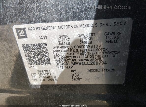 3GKALMEV1LL208794 2020 GMC TERRAIN Gray 