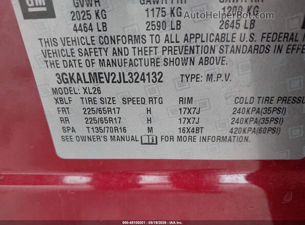 3GKALMEV2JL324132 2018 GMC TERRAIN Red ძრავის განყოფილების ხედი