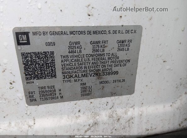3GKALMEV2KL338999 2019 GMC TERRAIN White Engine compartment view
