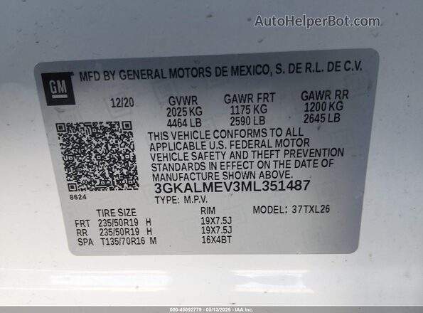 3GKALMEV3ML351487 2021 GMC TERRAIN White Вид підкапотного простору