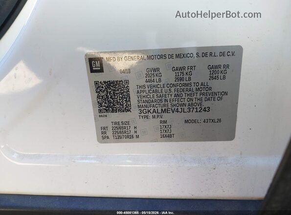 3GKALMEV4JL371243 2018 GMC TERRAIN White Շարժիչի բաժամունքի տեսք