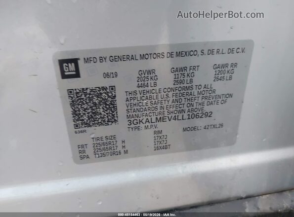 3GKALMEV4LL106292 2020 GMC TERRAIN Silver Vista del compartimento del motor