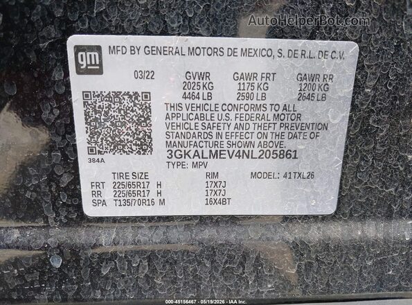 3GKALMEV4NL205861 2022 GMC TERRAIN Black 