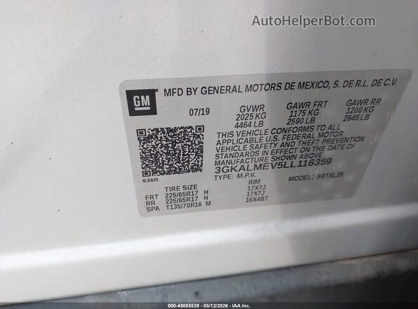 3GKALMEV5LL116359 2020 GMC TERRAIN Silver Vista del compartimento del motor
