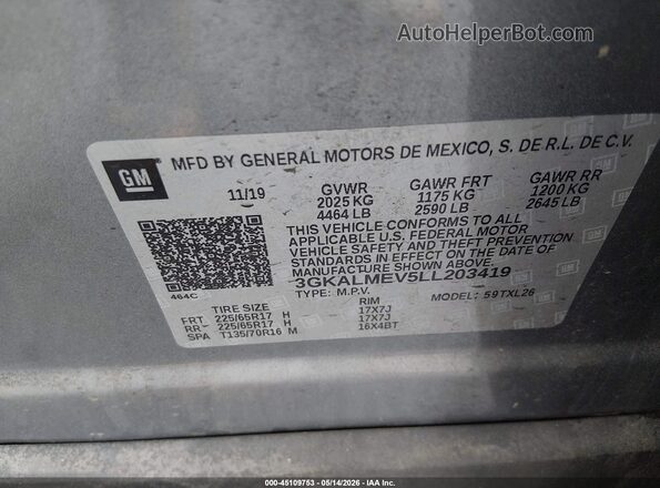 3GKALMEV5LL203419 2020 GMC TERRAIN Gray Вид підкапотного простору