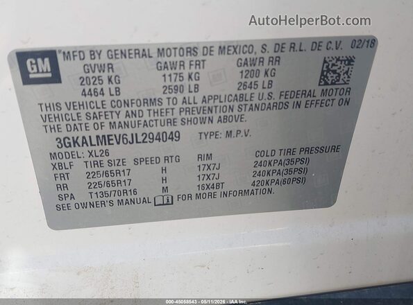3GKALMEV6JL294049 2018 GMC TERRAIN White Вид підкапотного простору