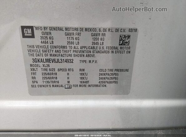 3GKALMEV6JL314932 2018 GMC TERRAIN Серебряный Вид подкапотного пространства