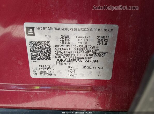 3GKALMEV6KL247394 2019 GMC TERRAIN Red ძრავის განყოფილების ხედი