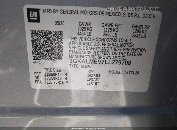 3GKALMEV7LL279708 2020 GMC TERRAIN Blue Vista del compartimento del motor