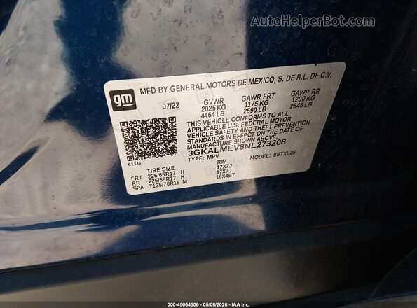 3GKALMEV8NL273208 2022 GMC TERRAIN Blue 