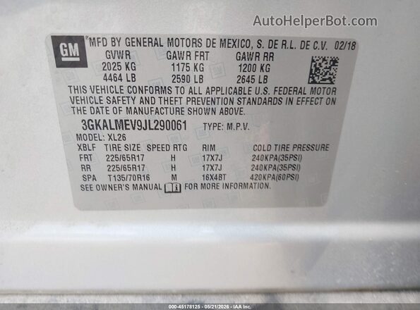 3GKALMEV9JL290061 2018 GMC TERRAIN Silver Շարժիչի բաժամունքի տեսք