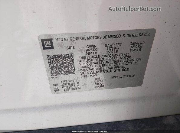 3GKALMEVXJL340403 2018 GMC TERRAIN White Շարժիչի բաժամունքի տեսք