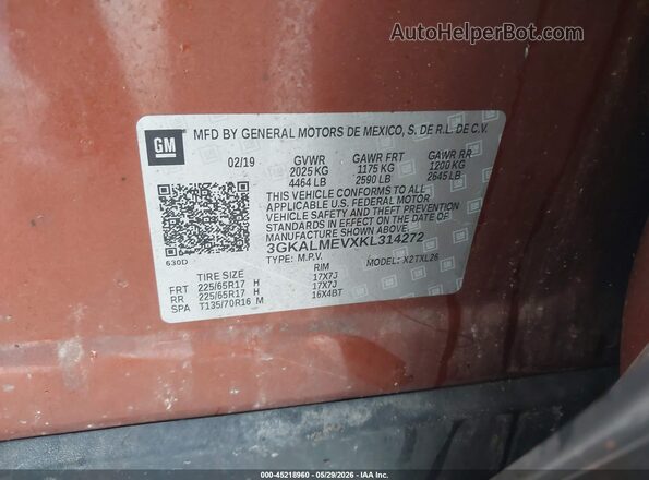 3GKALMEVXKL314272 2019 GMC TERRAIN Orange Vista del compartimento del motor