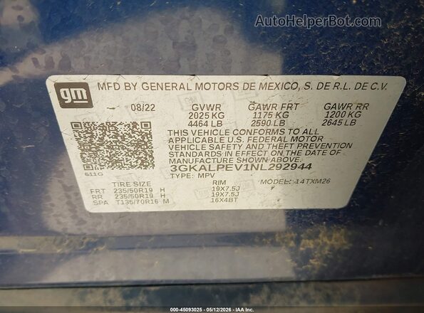 3GKALPEV1NL292944 2022 GMC TERRAIN Blue Շարժիչի բաժամունքի տեսք