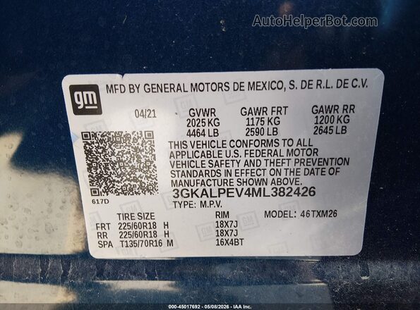 3GKALPEV4ML382426 2021 GMC TERRAIN Blue Vista del compartimento del motor