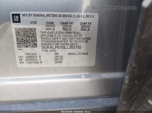 3GKALPEV5LL302792 2020 GMC TERRAIN Gray Вид підкапотного простору