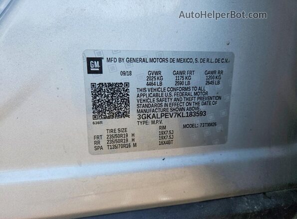 3GKALPEV7KL183593 2019 GMC TERRAIN Silver VIN sticker view