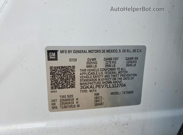 3GKALPEV7LL112704 2020 GMC TERRAIN White Widok naklejki z numerem VIN