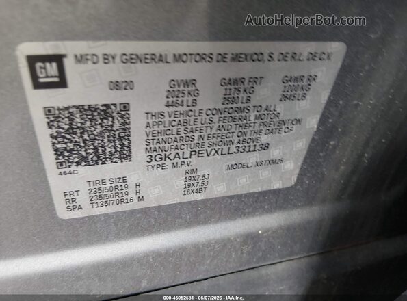 3GKALPEVXLL331138 2020 GMC TERRAIN Gray Vista del compartimento del motor