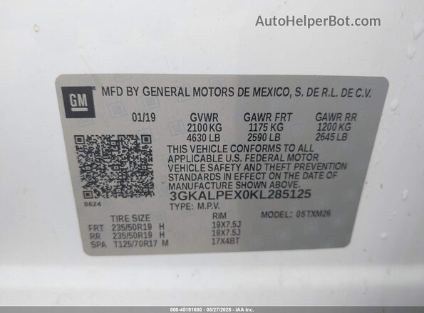 3GKALPEX0KL285125 2019 GMC TERRAIN Белый Вид подкапотного пространства