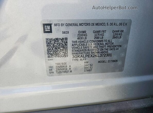 3GKALPEX2KL372301 2019 GMC TERRAIN Silver VIN კოდის სტიკერის ხედი