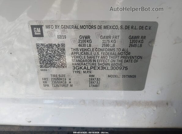 3GKALPEX3KL300975 2019 GMC TERRAIN White Вид підкапотного простору