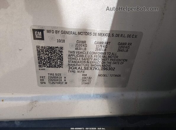 3GKALSEX7KL196302 2019 GMC TERRAIN Silver Vista del compartimento del motor