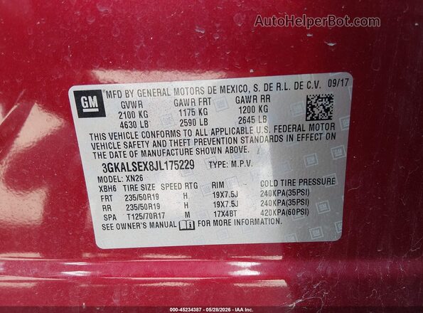 3GKALSEX8JL175229 2018 GMC TERRAIN Red Вид підкапотного простору
