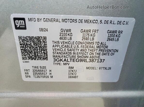 3GKALTEG9RL387137 2024 GMC TERRAIN Silver Вид наклейки з VIN-кодом