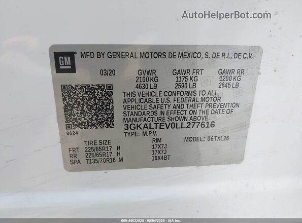 3GKALTEV0LL277616 2020 GMC TERRAIN White Vista del compartimento del motor