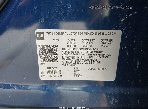 3GKALTEV0NL117495 2022 GMC TERRAIN Blue Vista del compartimento del motor